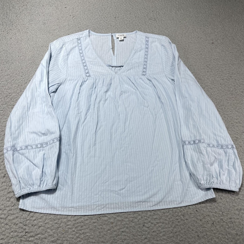 J.Crew Tunic Blouse Womens XS Blue Striped Long Sleeve V-Neck Crochet Trim